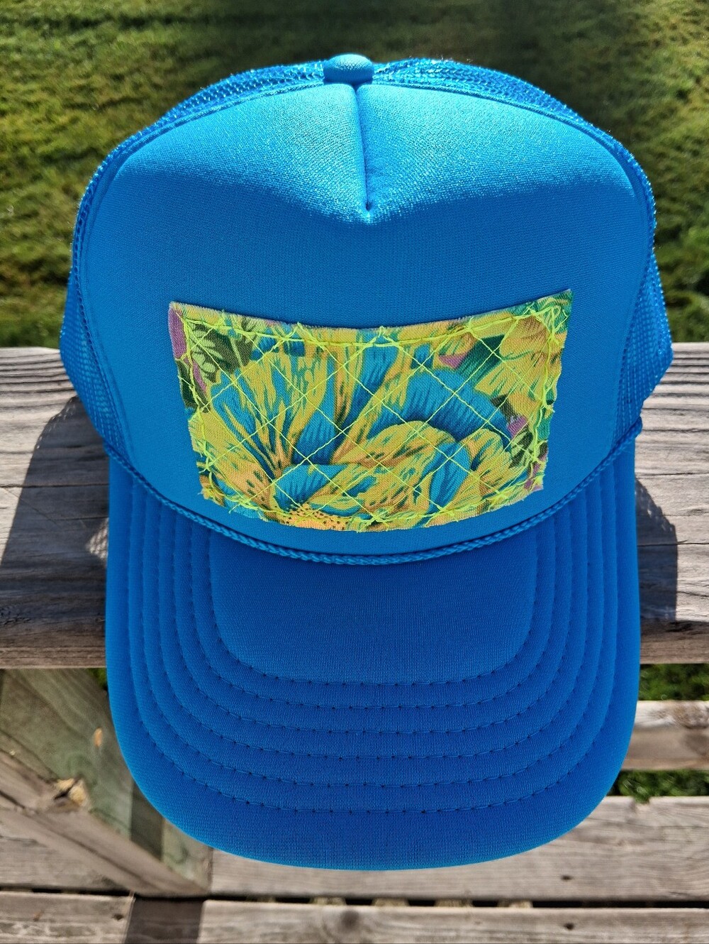 Neon Blue Trucker Hat with Multicolor Floral Handmade Patch